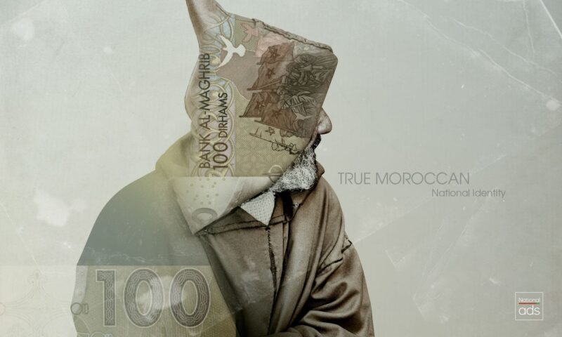 A man in a worn djellabah and a banknote overlay