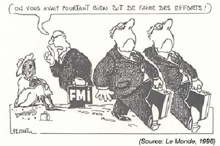 Trois banquiers ventrus du FMI sermonnent un pauvre noir affamé