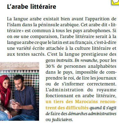 La langue arabe existait bien avant l’apparition de l’islam dans la péninsule arabique. Cet arabe dit « littéraire » est commun à tous les pays arabophones. Si on ose une comparaison, l’arabe littéraire serait à la langue arabe ce que le latin est au français, c’est-à-dire une variété écrite attachée à la culture littéraire et aux textes sacrés. C’est la langue prestigieuse des gens instruits. En revanche, pour les 30 % de personnes analphabètes dans le pays, impossible de comprendre le roi, de lire les journaux ou de s’informer correctement. L’administration du royaume fonctionnant en arabe littéraire, un tiers des Marocains rencontrent des difficultés quand il s’agit de faire des démarches administratives ou judiciaires.