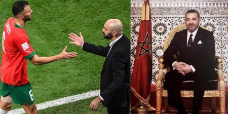 Saïss et Walid Regragui sur le terrain, Mohammed VI à droite
