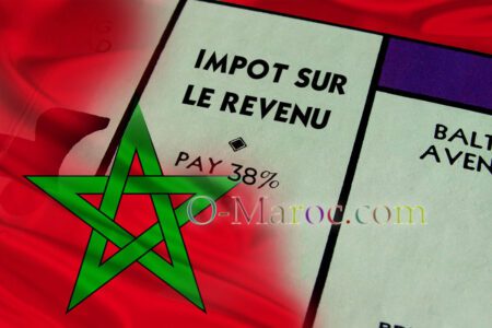 Impôt sur le revenu symbolisé par un Monopoly sur fond de drapeau marocain