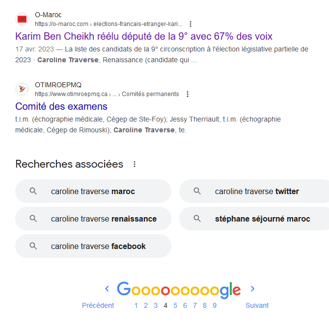 4 eme page resultats sur le mot clé "Caroline Traverse"