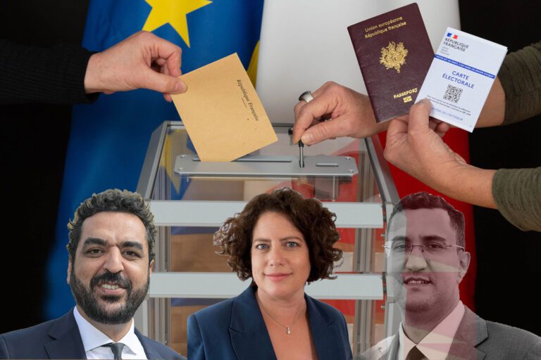 2023 04 elections 9 circonscription Karim Ben Cheikh Caroline Traverse et Mjid El Guerrab sur fond d'urne avec un passeport et une carte d'identité française