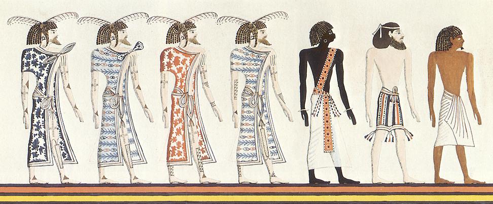 Des Libyens (Berbères), un Nubien, un Syrien et un Égyptien, dessin d'un artiste inconnu d'après une peinture murale du tombeau de Séti Ier ; copie de Heinrich von Minutoli (1820).