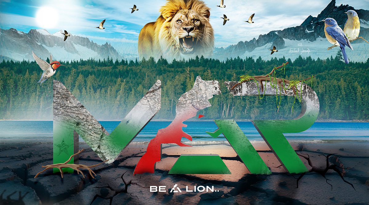 Accueil du site : une image aux couleurs du Maroc avec un lion