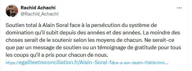 Soutien total à Alain Soral face à la persécution du système de domination qu'il subit depuis des années et des années. La moindre des choses serait de le soutenir selon les moyens de chacun. Ne serait-ce que par un message de soutien ou un témoignage de gratitude pour tous les coups qu'il a pris pour chacun de nous.