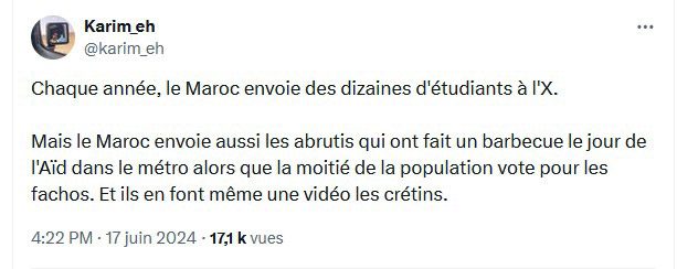 Chaque année, le Maroc envoie des dizaines d'étudiants à l'X.

Mais le Maroc envoie aussi les abrutis qui ont fait un barbecue le jour de l'Aïd dans le métro alors que la moitié de la population vote pour les fachos. Et ils en font même une vidéo les crétins.