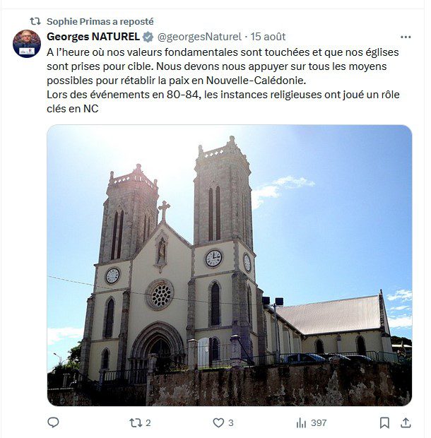 A l'heure où nos valeurs fondamentales sont touchées et que nos églises sont prises pour cible. Nous devons nous appuyer sur tous les moyens possibles pour rétablir la paix en Nouvelle-Calédonie