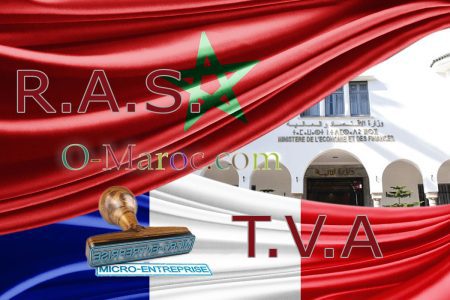 Ministère des Finances marocain entre les drapeaux français et marocain avec un tampon micro entreprise et les mots RAS et TVA