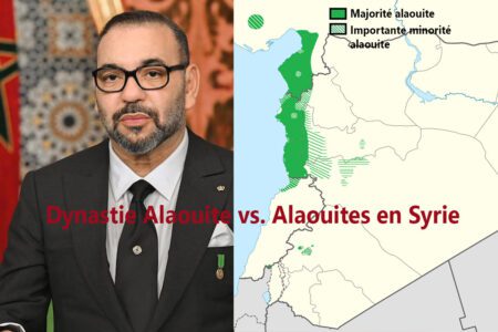 Sa majesté Mohammed VI et une carte de la Syrie avec la présence alaouite et le titre "Dynastie Alaouite vs. Alaouites de Syrie"