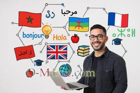 Un jeune Marocain avec un PC portable devant les drapeaux des langues parlées au Maroc et le mot bonjour dans ces langues