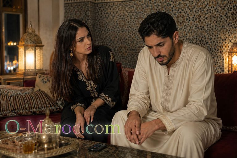 Fink, maa men… Un couple marocain dans son intérieur la femme interroge l'homme qui évite son regard et ne lui répond pas