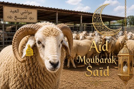 Aïd Al Adha 2026 : le prix du mouton et de l’électroménager Un mouton au souk pour être vendu pour l'Aïd 2026 avec le texte Aid Moubarak Said
