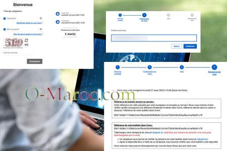 Screenshot des différentes étapes de vote par internet sur fond d'une personne votant à partir de son PC portable