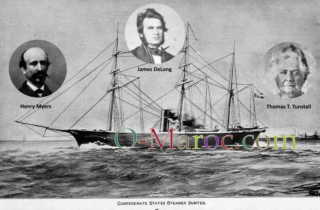 Le Sumter avec en vignette les portraits de  Myers, DeLong et Tunstall