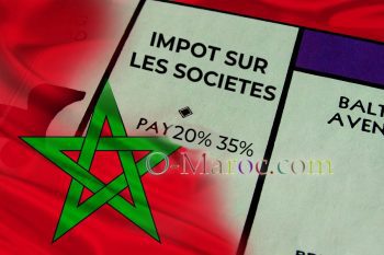 Un plateau de Monopoly avec un drapeau marocain et les cases impot sur les société avec les taux de 20% et 35%
