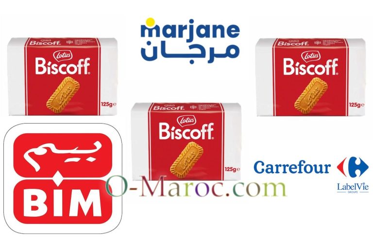 Trois paquets Biscoff avec les logos de Bim, Marjane et Carrefour