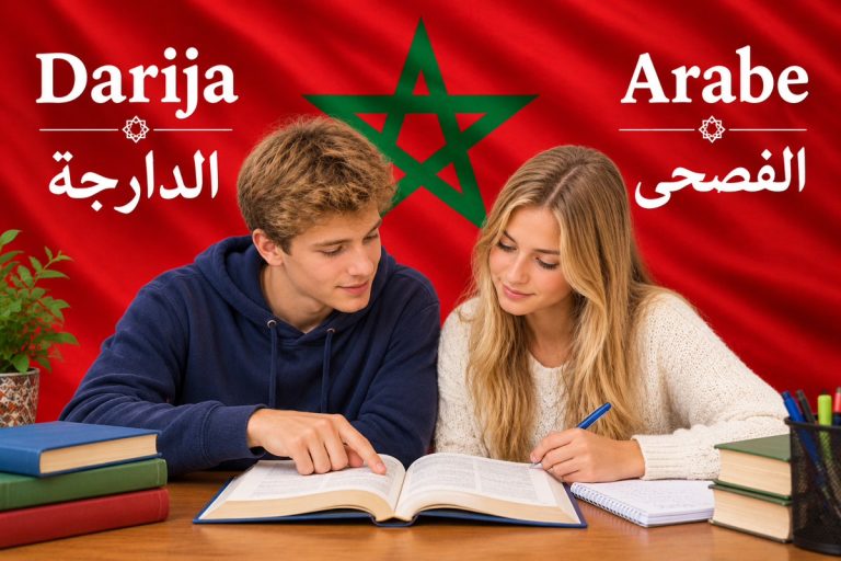 Apprendre (malgré tout) la darija Un garçon et une fille penchés sur un livre en train d'étudier. A gauche de l'image le mot darija en lettres latines et arabe, à droit le mot Arabe avec الفصحى