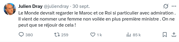 Screenshot julien day Le Monde devrait regarder le Maroc et ce Roi si particulier avec admiration . Il vient de nommer une femme non voilée en plus première ministre . On ne peut que se réjouir de cela !