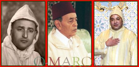 Portrait des trois rois du Maroc depuis l'indépendance, en tenue traditionnelle